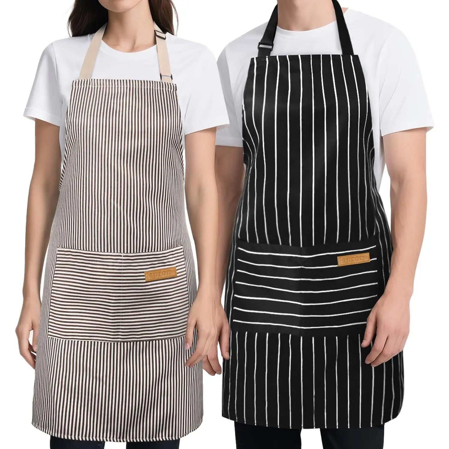 2-Pack Modern Synthetic Cloth Kitchen Cooking Aprons, Soft Kitchen Wear with 2 Pockets, Adjustable Strap & Long Tie for Men and Women