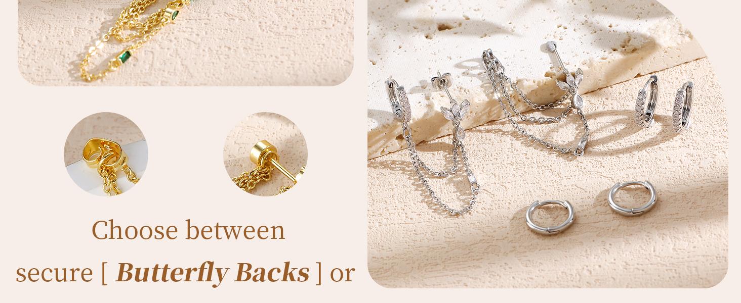 BASIC SUPPLY 6PCS Earring Stacks Cartilage Chain Helix Piercing Sets For Women Flat Back Multiple Piercing Dangle Huggie Hoop Stackable Jewelry