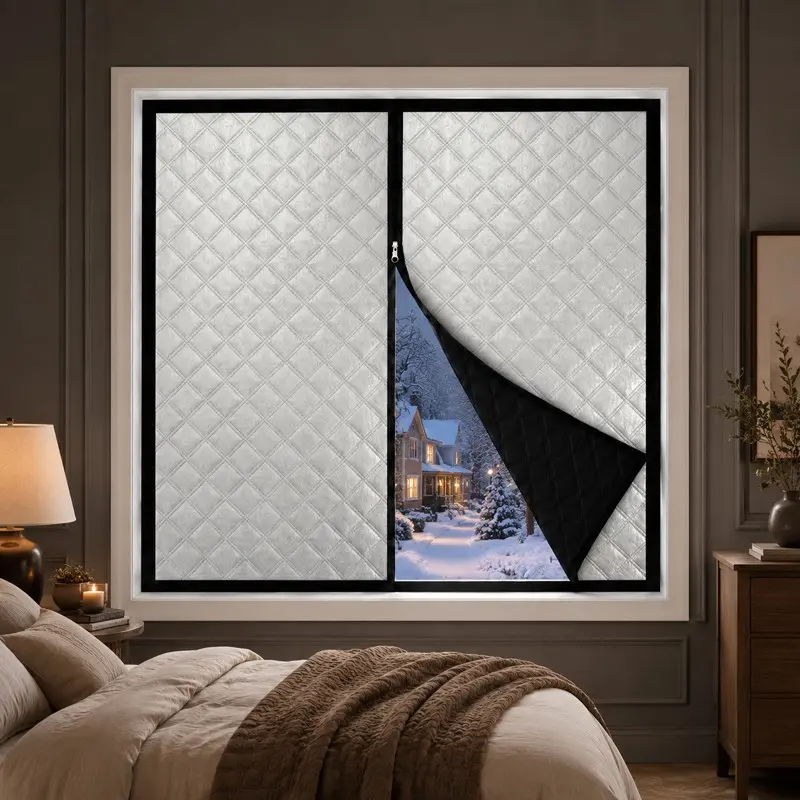 Winter Thermal Insulated Curtain with Zipper Opening, Windproof and Heat-Insulating Window Curtain, Self-Adhesive and Drill-Free Installation, Helps Block Cold Drafts and Light, Suitable for Bedrooms, Living Rooms, Windows and Doors in Winter