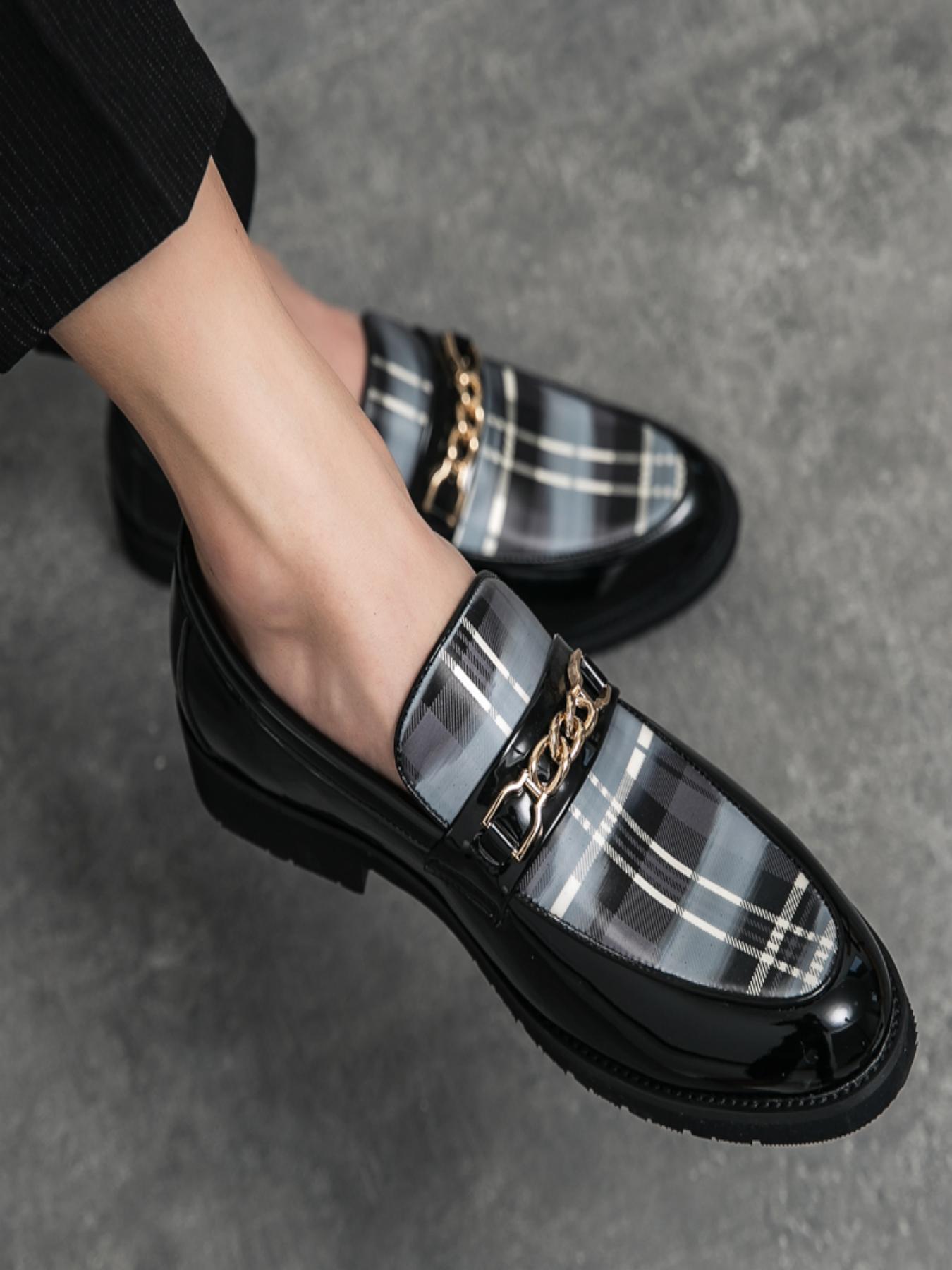 Men's Fashionable Tartan Pattern Chain Decor Loafers, Casual Comfortable Slip-on Shoes for Daily Wear, Fashion Shoes for Party, Daily Clothing Decor