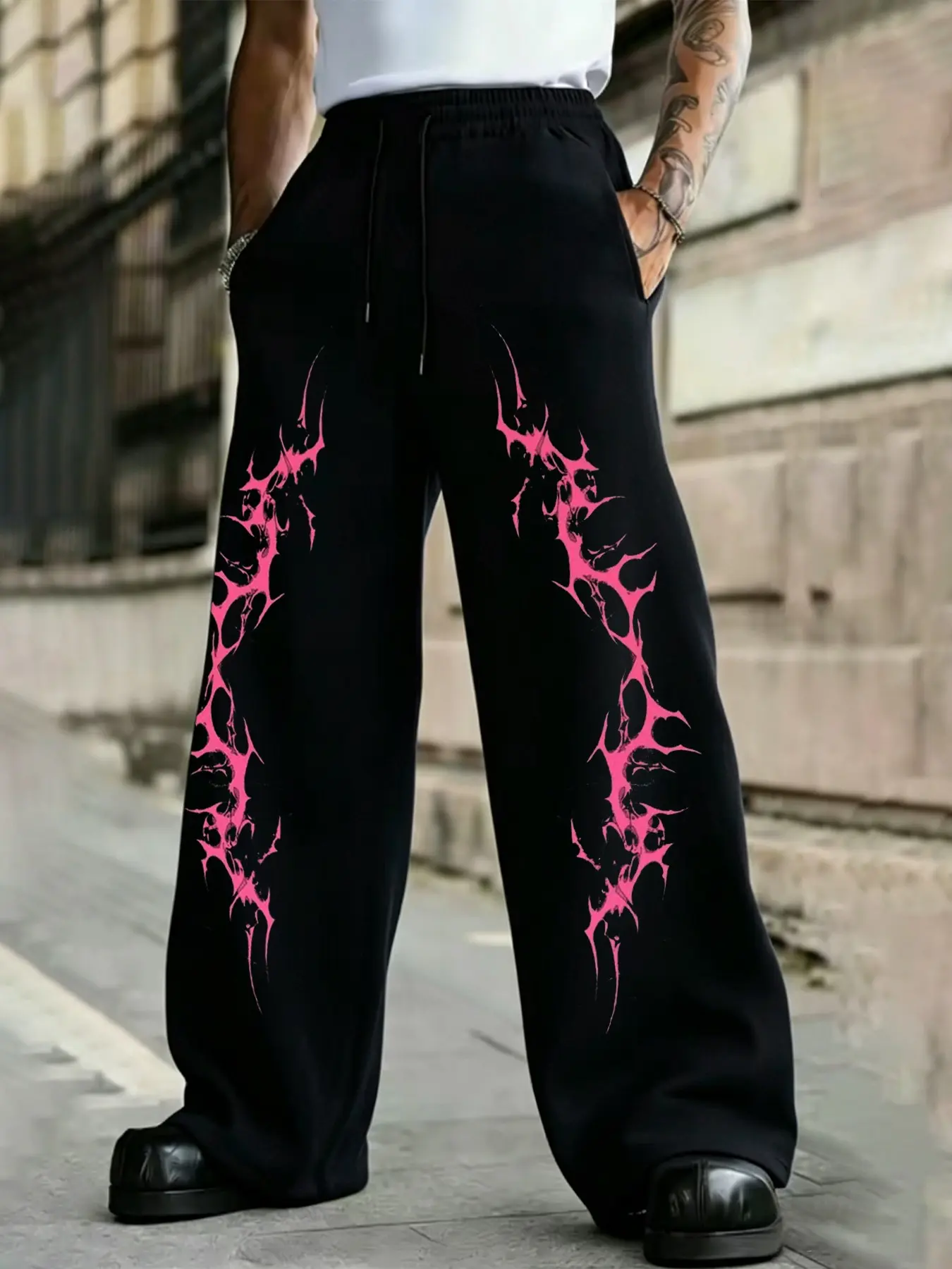 Men's Thorn Totem Print Drawstring Wide Leg Sweatpants, Flowy Casual Long Pants, American High Street Fashion
