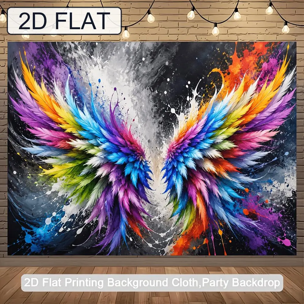 Glam 2D Flat Polyester Photography Backdrop, Colorful Feather Wing & Splash Ink Pattern, HD Digitally Printed, Soft Lightweight Foldable Cloth for Parties, Portrait Shoots