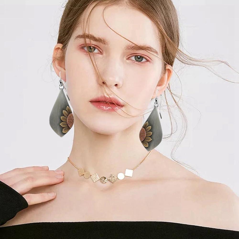 12 Pairs Bohemian Retro Geometric Round Stud Earrings - Zinc Alloy with Wooden & Accents, Ethnic Sunflower & Floral Designs for Women, Casual Attire & Parties, Vintage Style, Party Accessories, Bohemian Style, Durable Earrings