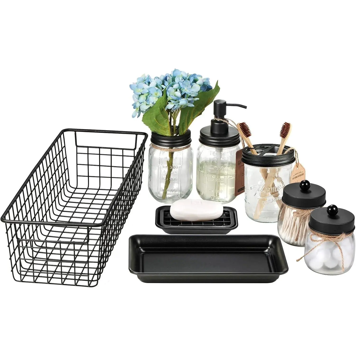 8 count Mason Jar Bathroom Accessories Set Complete - Black | Includes Soap Dispenser,  Holder, 2 count Qtip Holders, Flower Vase, Soap Holder,  Tray, Toilet Paper Storage