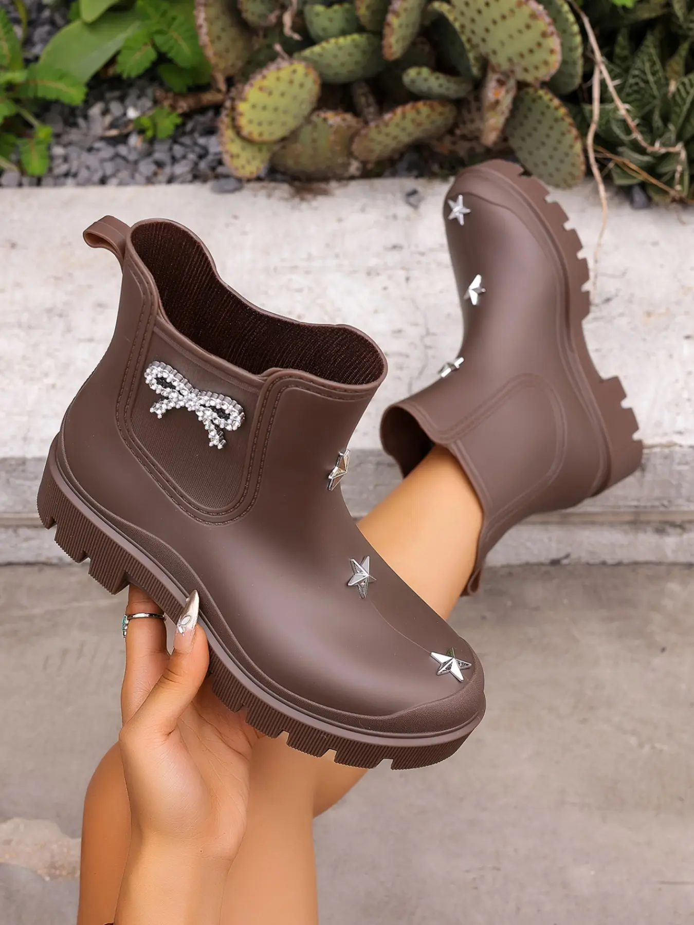 Women's Rain Boots, 8-Inch Height, Chain, Rivet, Rhinestone Bow Design, Outdoor Activity, Durable Material, Perfect Gift Choice