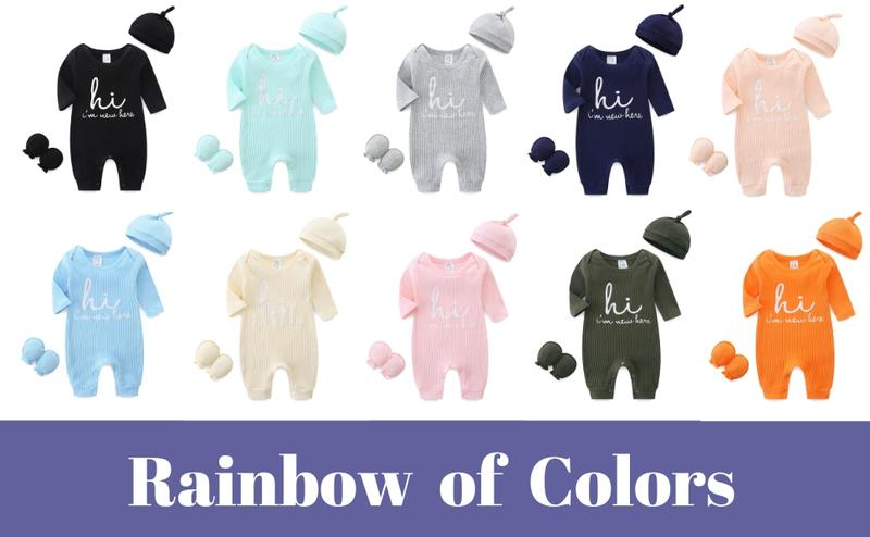 Baby Romper with Baby Mittens & Newborn Hats Footless Long Sleeve Solid Onesie Hi Im New Here