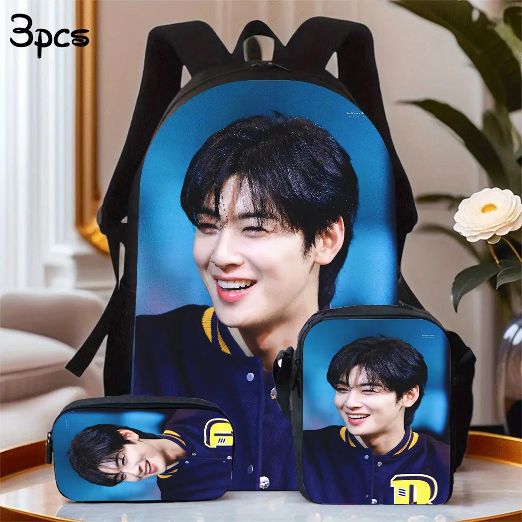3Pcs Cha Eun Woo Photo Print Backpack Set 2D Flat Print Kpop Fans School Bag Lunch Bag Pencil Case Combo 600D Oxford Soft Padded Straps Multi Pocket Daily Travel Daypack For Girls