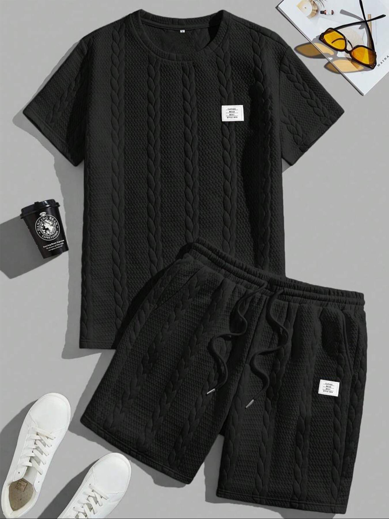 Men's Solid Textured Patched Tee & Drawstring Waist Shorts Set, Regular Fit Casual Round Neck Short Sleeve T-shirt & Pocket Shorts, Men's Summer Clothes, Casual Outfit Set Men's Solid Textured Patched Tee & Drawstring Waist Shorts Set, Regular Fit Casual Round Neck Short Sleeve T-shirt & Pocket Shorts, Men's Summer Clothes, Casual Outfit Set
