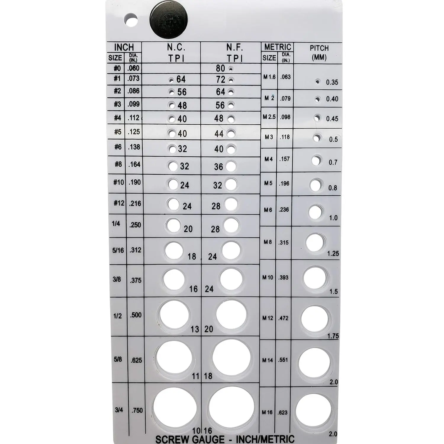 Screw Thread Gauge, Metric & SAE, #0 to 3/4" & 1.6mm to 16mm | Coarse and Fine Thread, Drill Bit and Tap Reference, Thick Hard Plastic, Smooth Easy-Clean Surface (675)