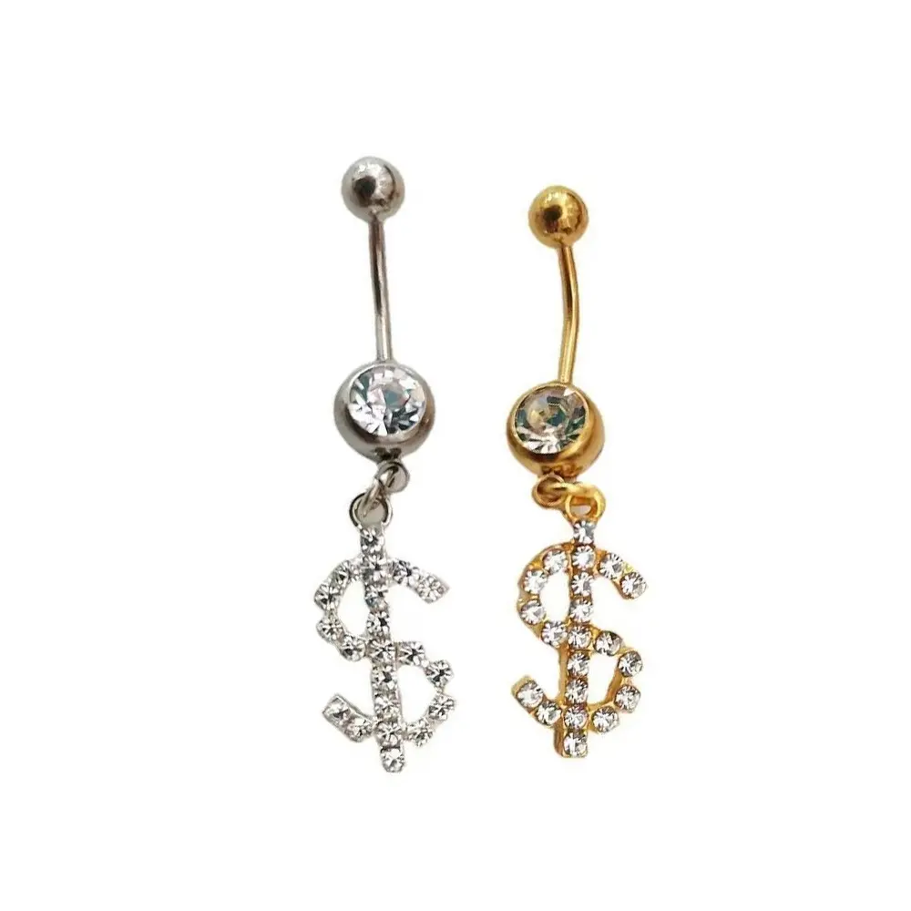 Diamond-studded dollar sign navel piercing, sexy piercing navel ring with round zirconia