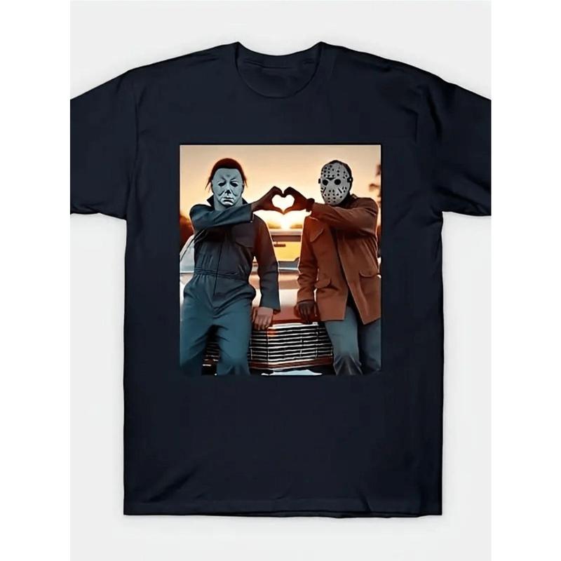 Iconic Michael Myers Jason Voorhees Heart Gesture Horror Movie Friendship Pattern Unisex T-Shirt Premium Soft Cotton Casual Crew Neck Short Sleeve Breathable Top for Halloween Valentine's Day Gift