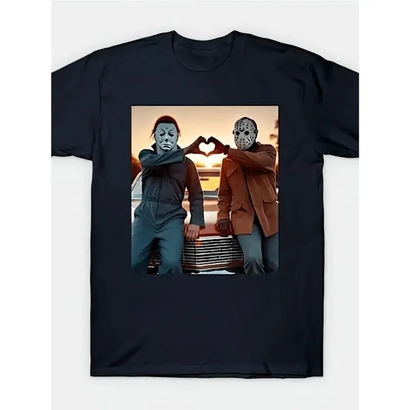 Iconic Michael Myers Jason Voorhees Heart Gesture Horror Movie Friendship Pattern Unisex T-Shirt Premium Soft Cotton Casual Crew Neck Short Sleeve Breathable Top for Halloween Valentine's Day Gift