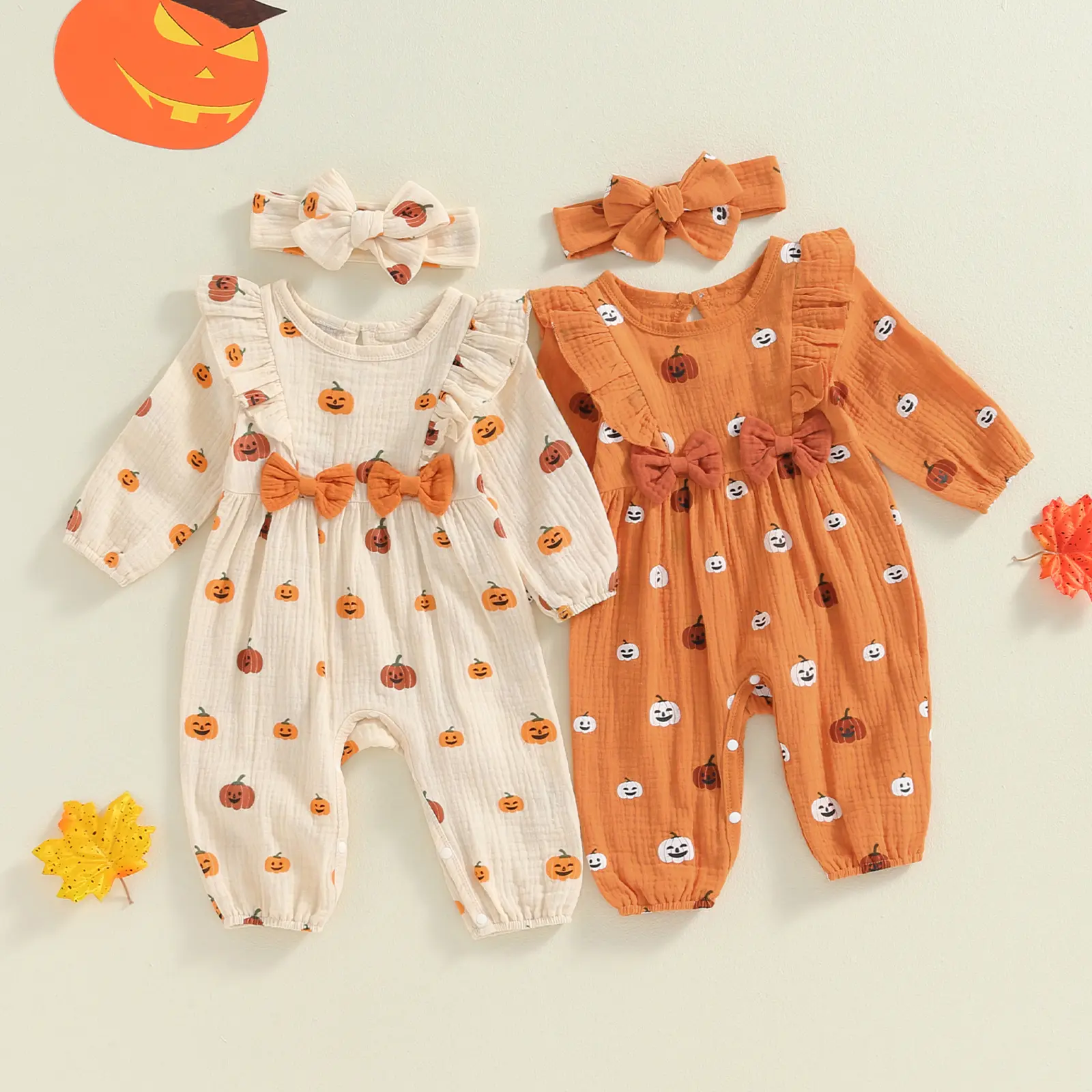 Halloween Baby Girl Outfit Infant Fall Clothes Long Sleeve Bubble Romper Pumpkin Bodysuit Jumpsuit with Headband