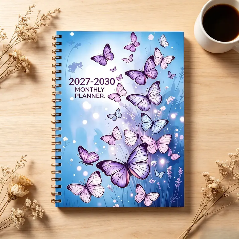 2027-2030 monthly calendar, 65.55 x 8.27 inches, 124 pages of high-quality paper, gradient-colored inner pages, 2D butterfly cover design, monthly planner with a list of major annual holidays, notes pages, and to-do lists