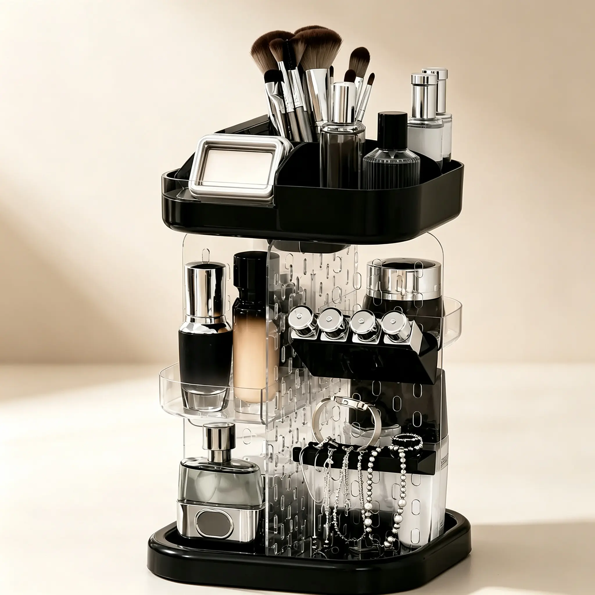 French Country 360-Degree Rotatable Transparent Adjustable Large-Capacity Plastic Beauty Organizer with Trapezoid Compartments, Vanity Storage Box for Perfume, Makeup, Jewelry, Skincare, Bathroom Countertop Home Supplies
