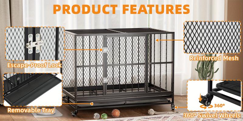 37" Heavy Duty Dog Crate Furniture for Small & Medium Dogs (132 lbs Max), Sturdy Black Indoor Kennel with Metal Mesh, Removable Tray & 360° Lockable Wheels