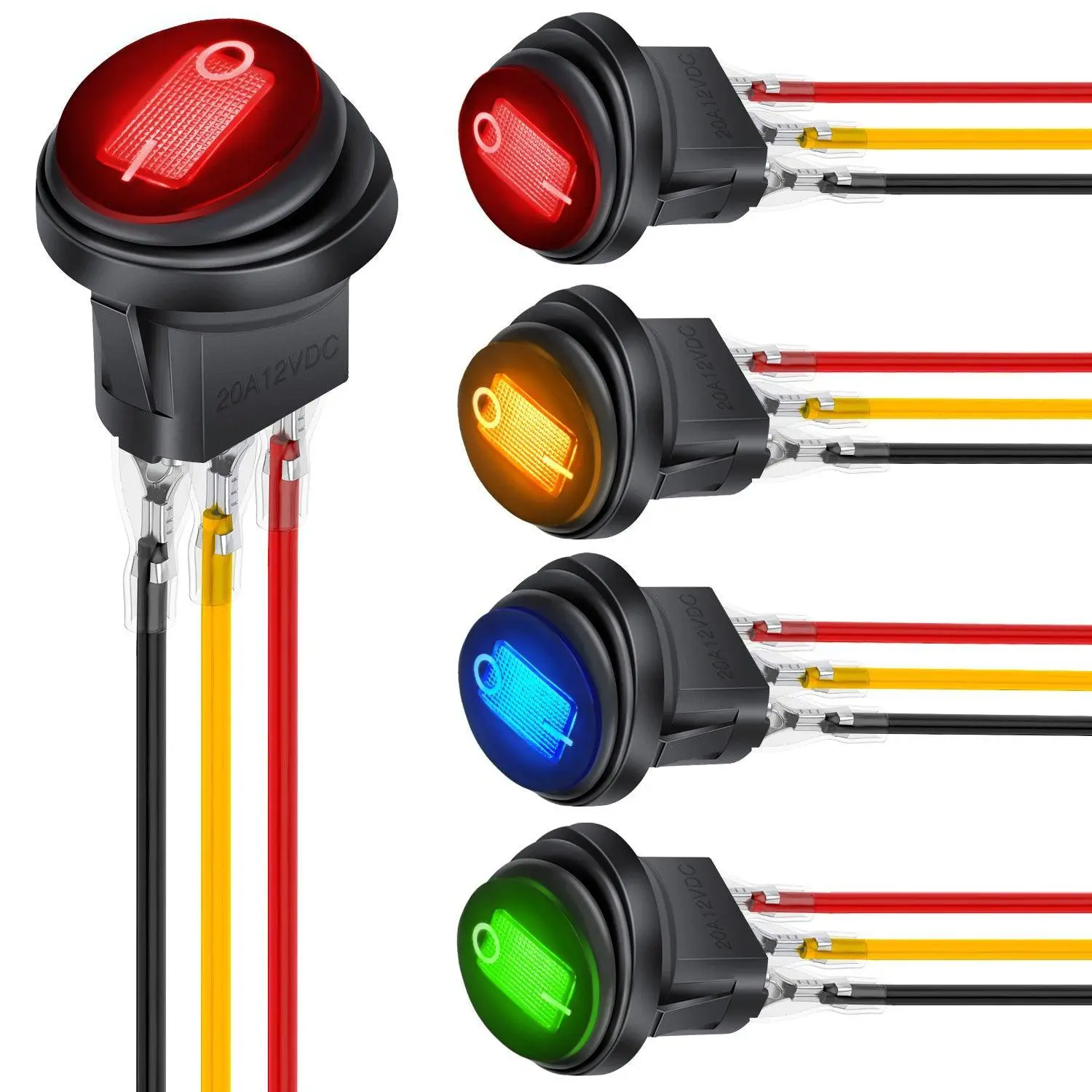 Nilight 5Pcs IP65 Waterproof Round Rocker Toggle LED Switches (Green, Red, Blue, Yellow) - 12V 20A 3-Pin, Metal & Plastic, SPST On-Off Control, Snap-In Mount for Cars Boats Marine Auto, Locked Terminal Wires Included
