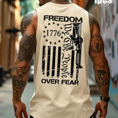 Men's Sleeveless Flag Print Tank Top, Breathable Stretchy Fabric, Street Style, Fitted Design, Comfortable Daily Wear, Streetwear Tank Vest, Sleeveless Tank Tops