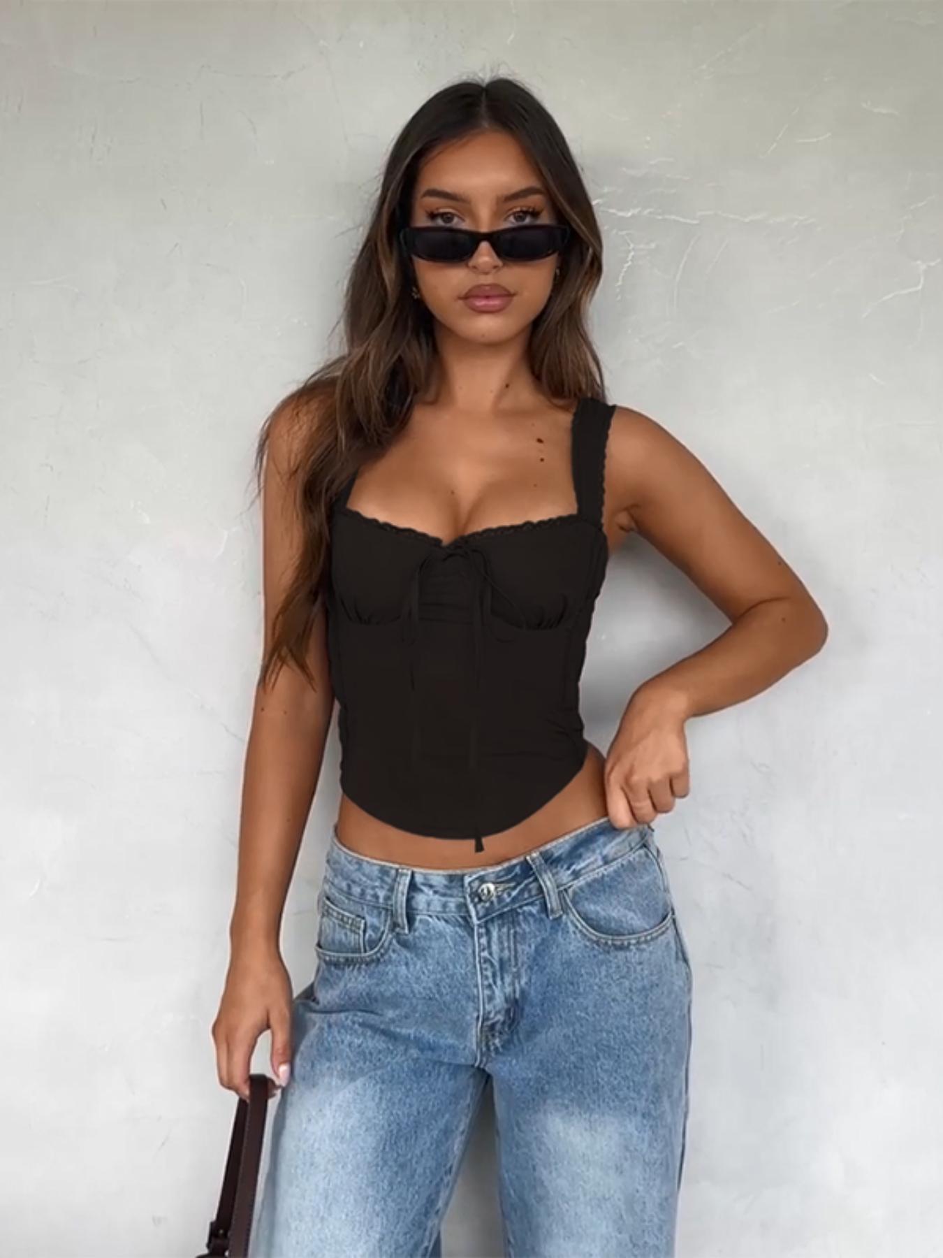 WOWDARK Women Autumn Tie-Up Lace Trim Camisole Top