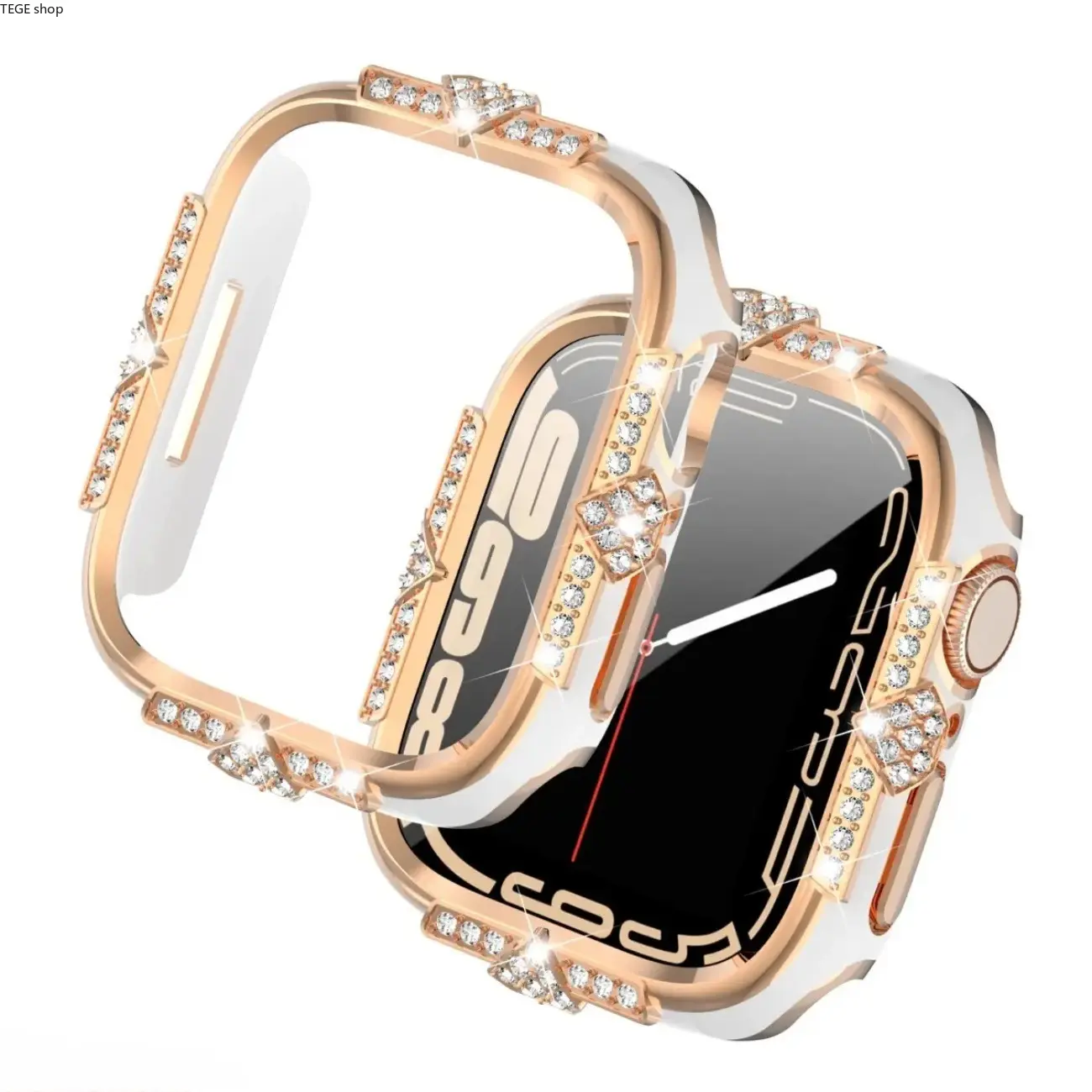 2 In 1 Tempered Glass Apple Watch Protective Case, Two Tone Laser Engraved Rhinestone Stylish Cover Compatible With All Series, Daily Fashion Smartwatch Accessory (Watch Not Included)