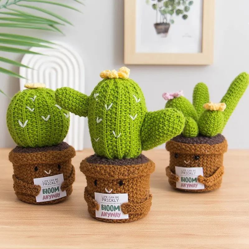 Handmade Woven Cactus Planter, Cute Desktop Decor, Home Office Decoration, Festive Gift, Birthday Gift, Artificial Cactus