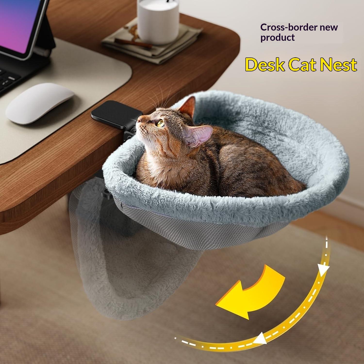 Under Desk Cat Hammock - Clamp On Cat Bed for Desk Edge, Durable Steel Frame Pet Perch, Easy to Clean Removable Cushion for Work-from-Home Pet Owners