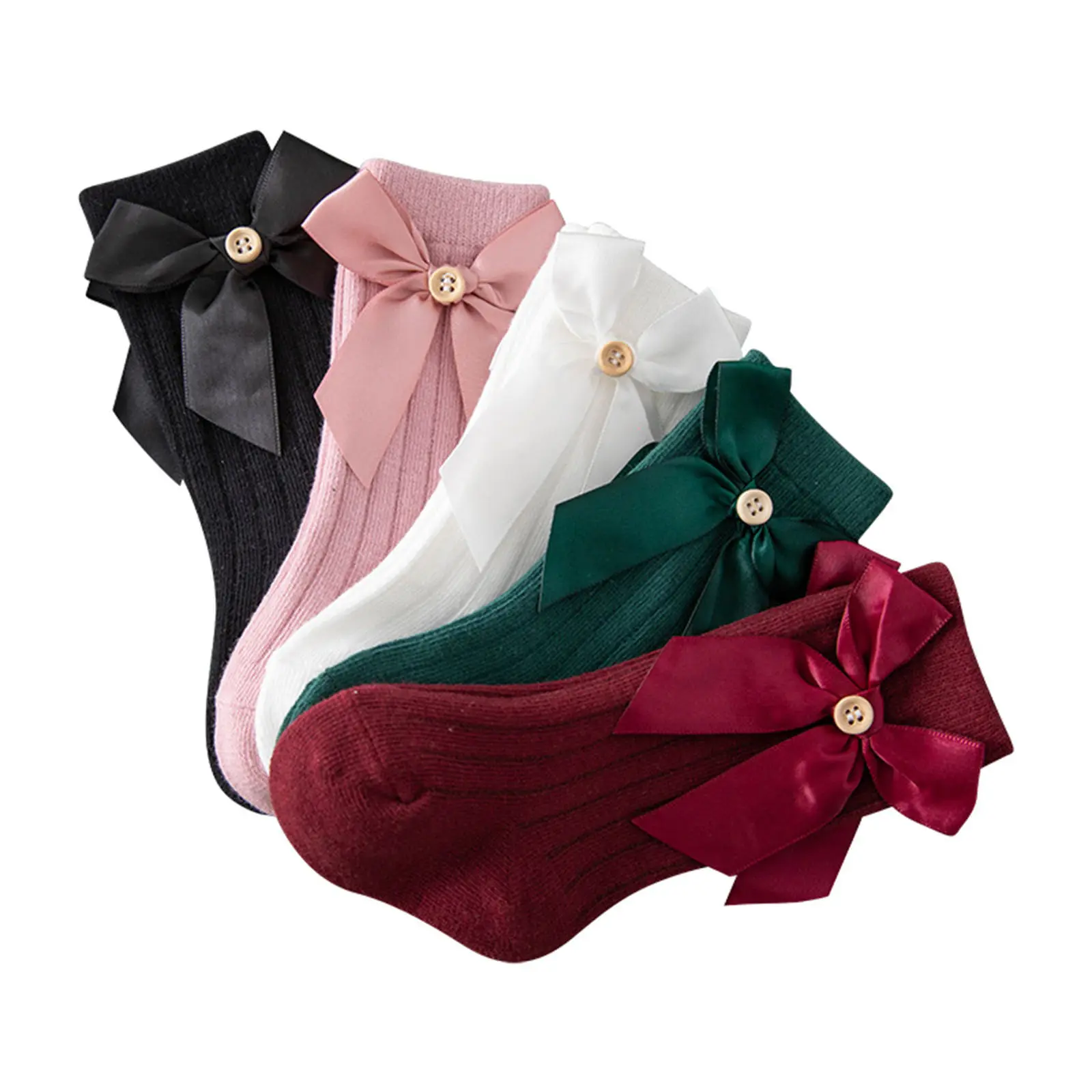 Toddler Baby Little Girls Ribbed Socks Pair Toddler Elastic Cuff Solid Color Bow Decor Middle Length Baby Stockings 0-3 Years