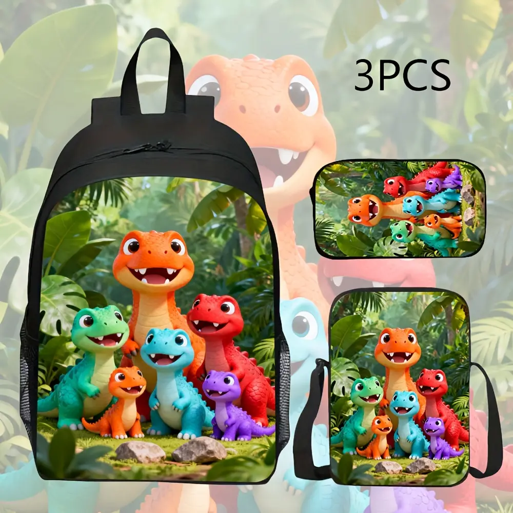 3pcs Backpack Pencil Case Handbag Set with 2D Printed Cute Cartoon Dinosaur Pattern