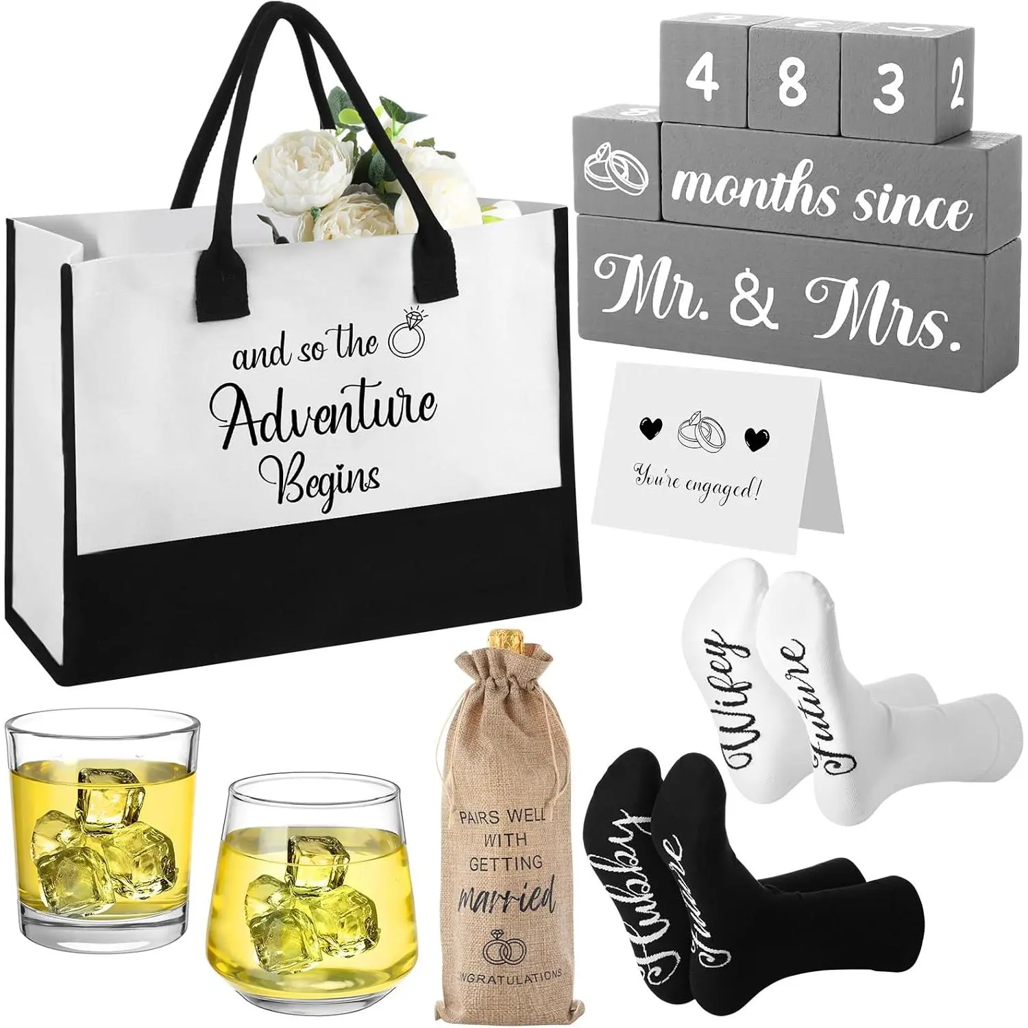 8 count Engagement Gifts for Couples Include Tote Bag Future Hubby Wifey Socks  Glasses Cups Burlap  Bag Wedding Countdown Block Calendar Greeting Card Gifts for Newly Engaged Couples