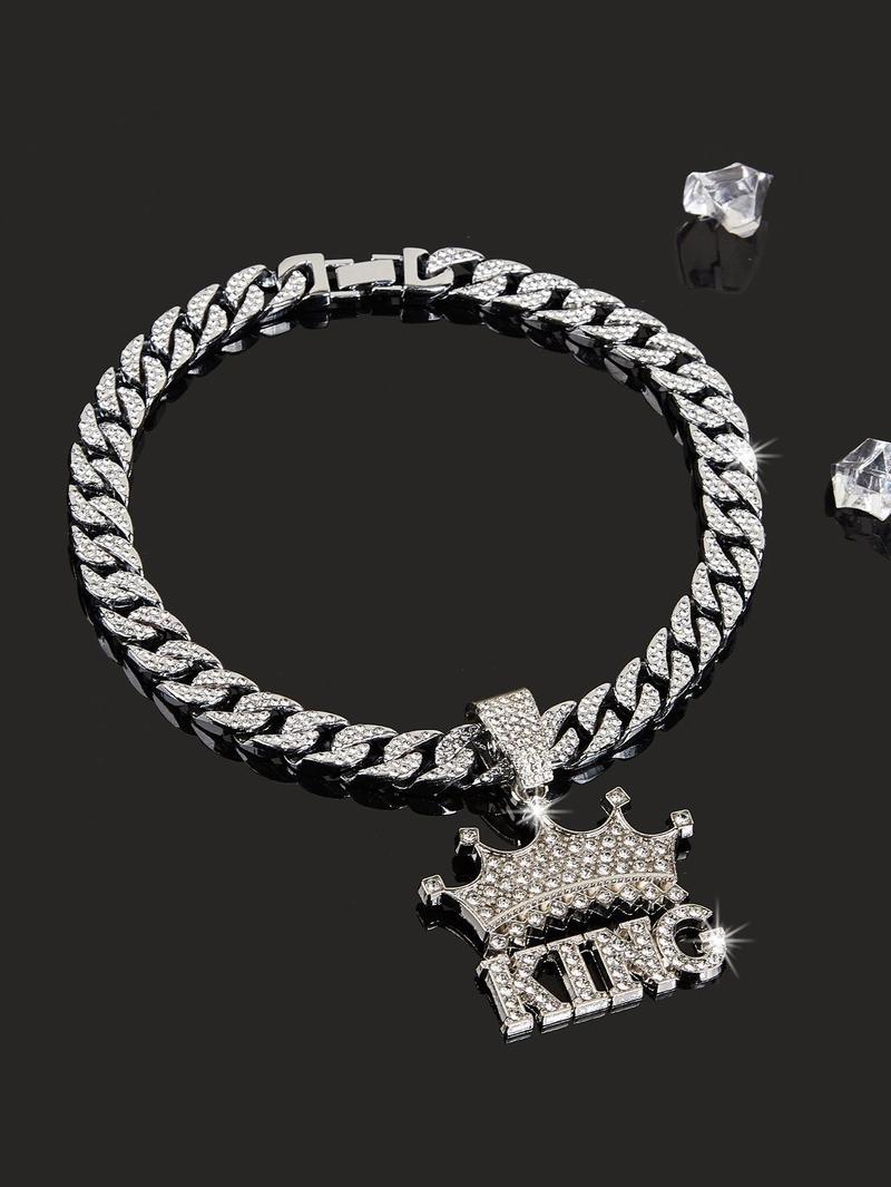 14K Gold Plated King & Crown Pendant with Austrian Rhinestones Miami Cuban Link Chain Italy & Micro Inspired Unisex Hip Hop Necklace for Men & Women Jewelry,Daily Wear, Casual Fashion, Sporty Style, Gift Idea