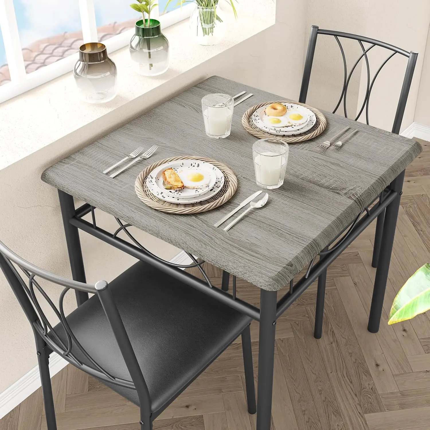 Rustic Small Kitchen Dining Set for 2, Kitchen Table and Chairs for 2, Dining Room Table Set with 2 Upholstered Chairs, Square Kitchen Table Set for Small Space, Apartment, Studio, Rustic Gray