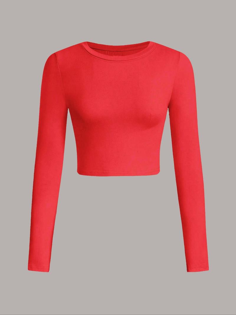 Women's Solid Long Sleeve Round Neck Crop Tee, Casual Crew Neck T-shirt for Daily Wear, Ladies Clothes for All Seasons, Casual Fashionable Top