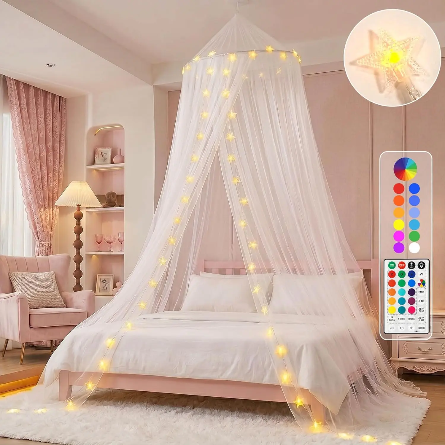 Bed Canopy with LED Star Lights, Princess Canopy Bed Curtain with 18 Colors Changing String Lights Remote Timer for Girls Bedroom, Pink Red Blue White Dome Canopy for Twin to King Size Bed