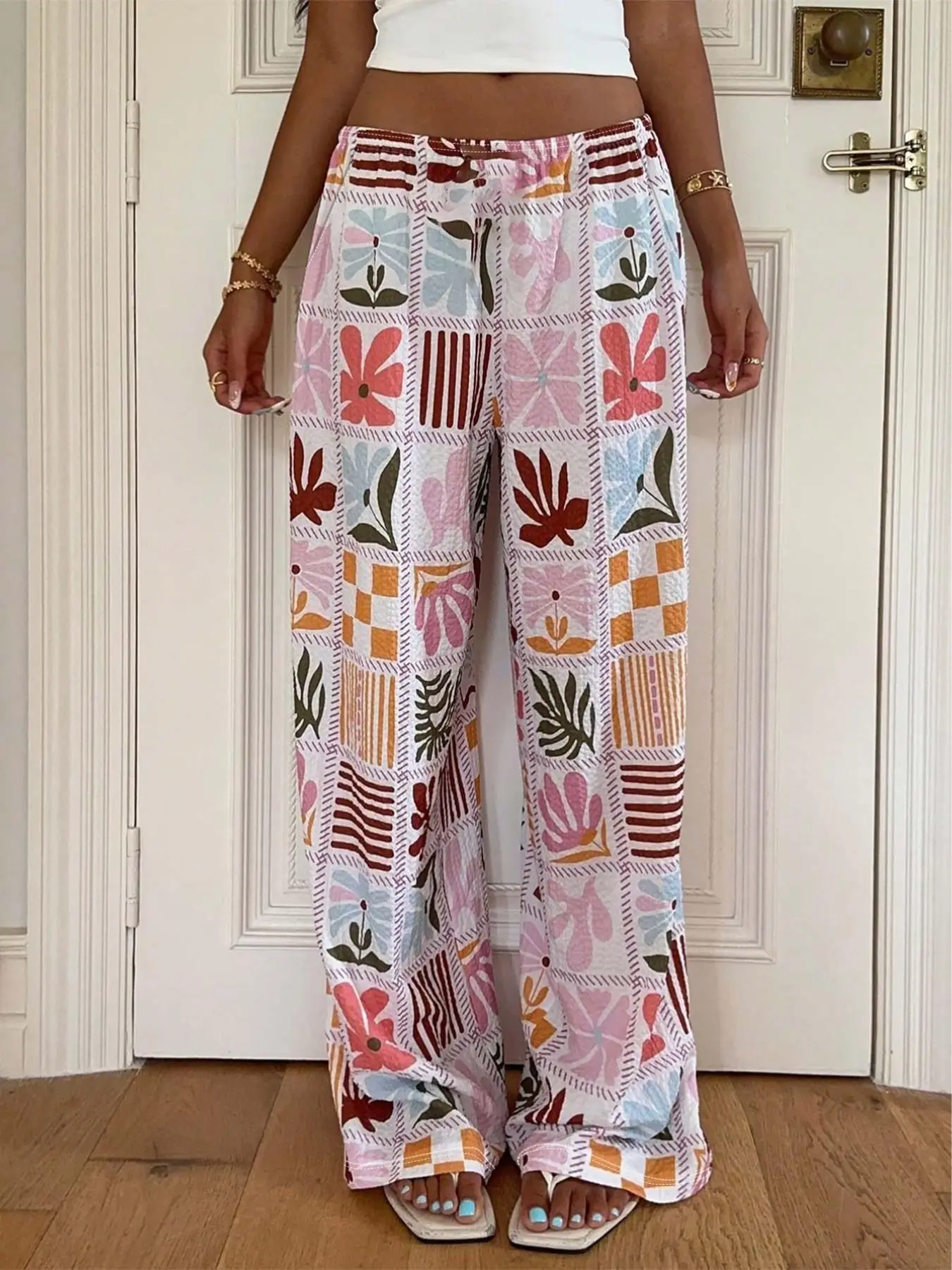 2026 Hot Selling Women Elastic Waist Colorful Floral Patchwork Print Wide Leg Pants, Loose Casual Straight Long Trousers, Lightweight Breathable Vintage Floral Bottoms, Fashion Bohemian Pants For Daily Outings, Beach Vacation, Shopping Spring Summer Ladie