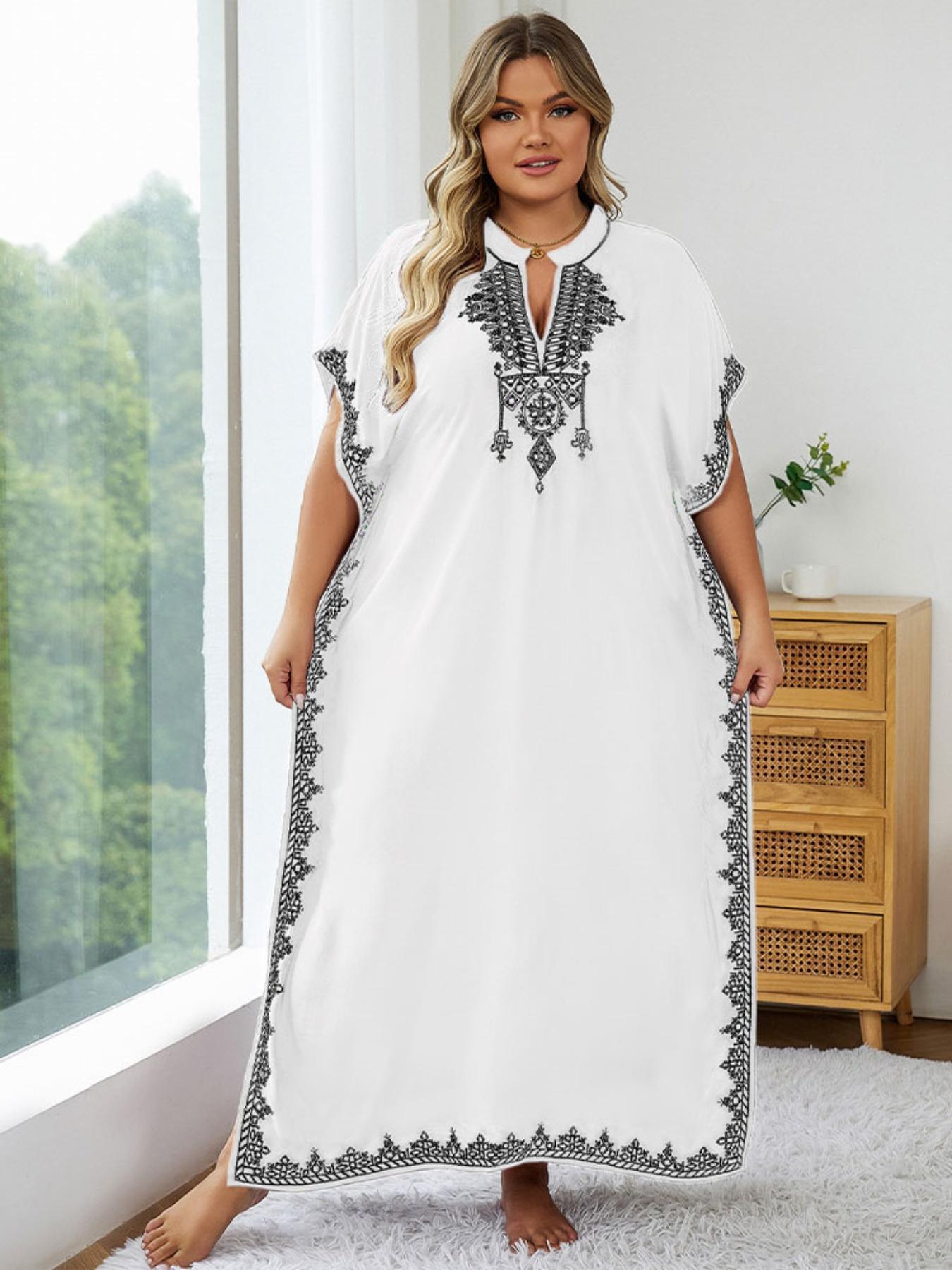 2026Plus Size Ethnic Pattern Embroidered Split Kaftan Dress, Boho Notched Neck Batwing Sleeve Long Dress, Summer Clothing, Women'S Summer Clothes, Modest Clothing Caftan Robe, Muslim Women Gowns, Modesty Muslim Clothing..