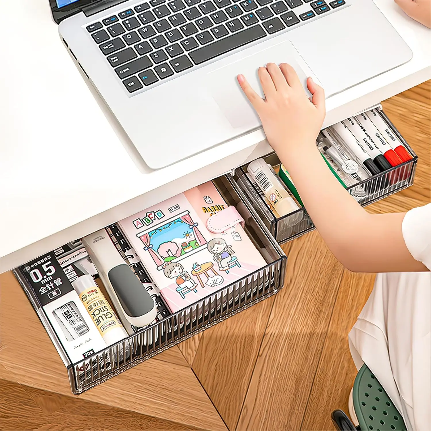 2 count Under Desk Storage Drawers Slide Out,Large&Medium, Stick  Desk Drawer Organizer  Under Table Drawer for  Office School Organization and Storage-Transparent Black