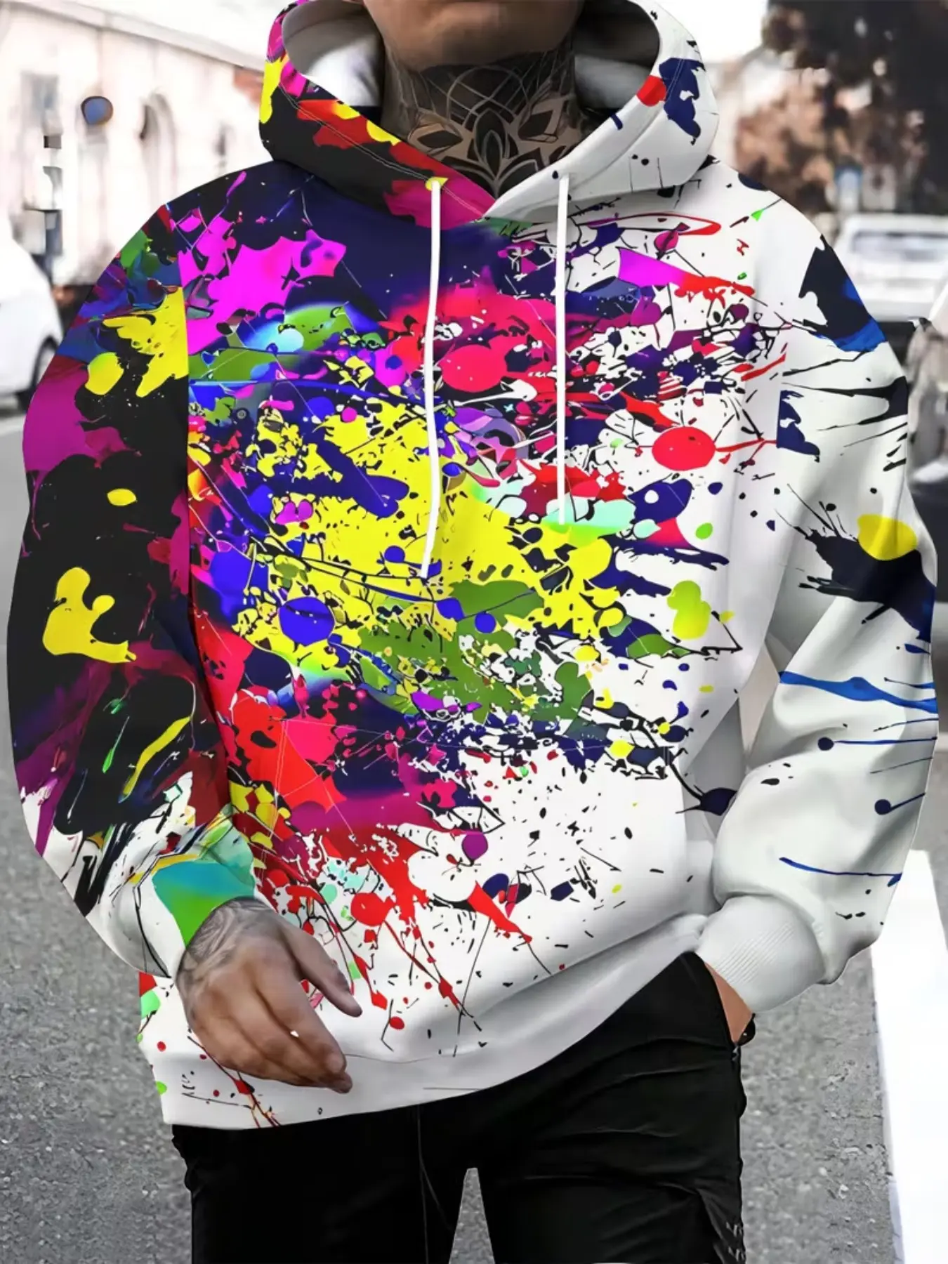 Men's Multicolor Splatter Graffiti Full Print Hoodie, Casual Drawstring Long Sleeve Top, Loose-Fit All Seasons Sweatshirt