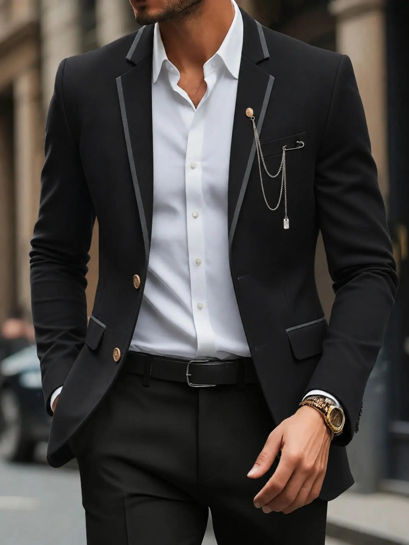 Men's Contrast Trim Blazer Jacket with Chain Detail, Vintage Two-Button Suit Coat for Prom, Party and Casual Wear