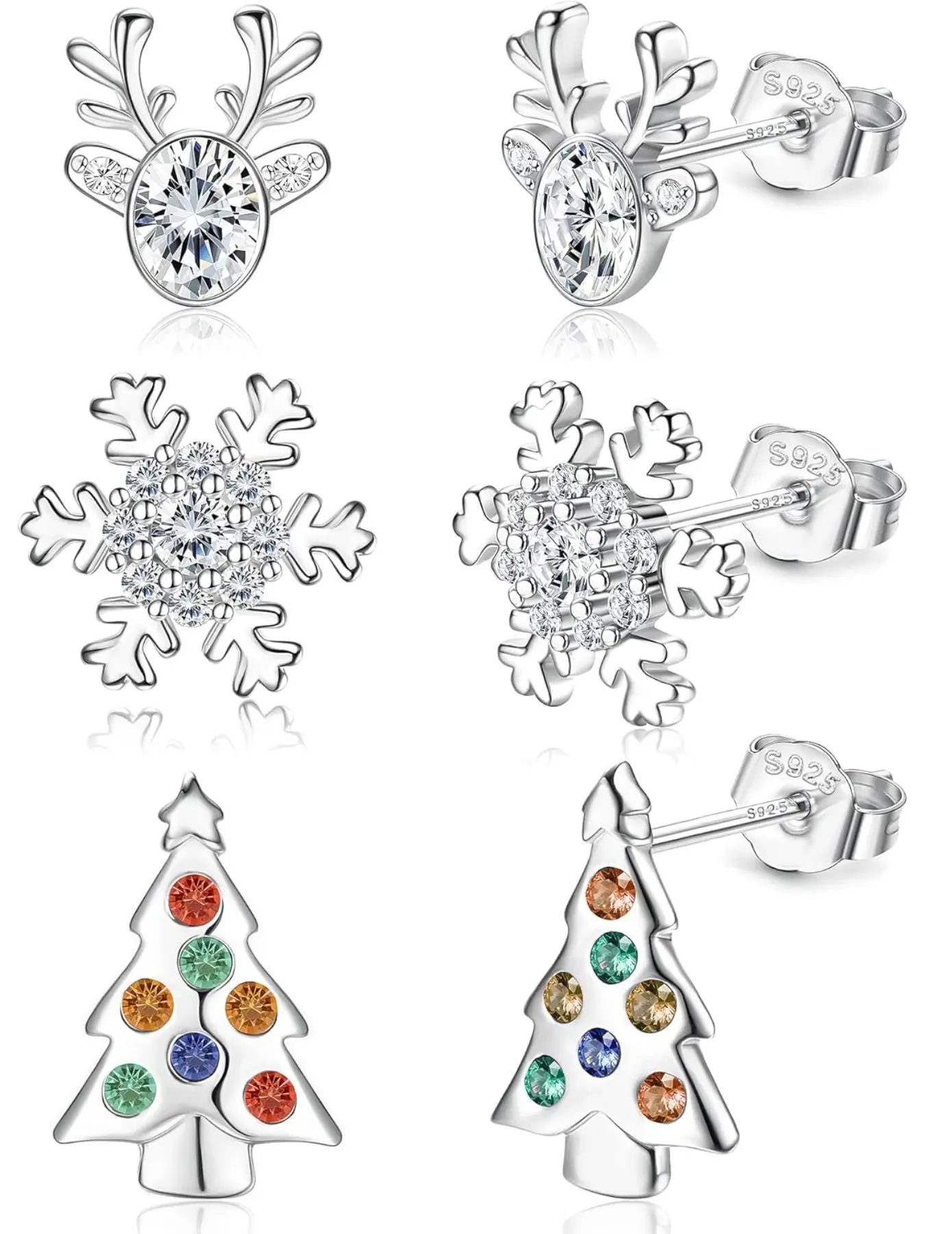 3 Pairs Sterling Silver Christmas Stud Earrings for Women Girls Hypoallergenic Elk Christmas Tree Snowflake Xmas Earrings Christmas Jewelry
