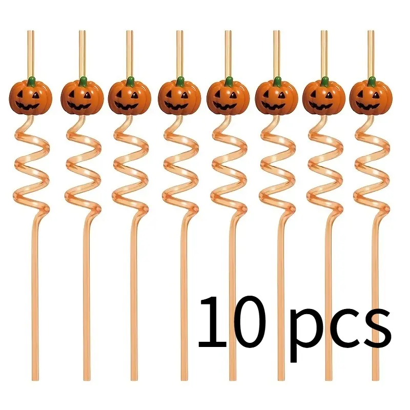 Set of 10 playful pumpkin face spiral straws, versatile for Halloween and birthday parties, easily builds lively spooky vibe when paired with themed beverages