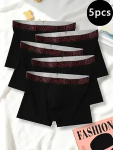 5-Pack Men's Briefs, Trendy Letter Elastic Waistband, Daily Wear Breathable Anti-Roll Shorts, Comfortable Underwear Set
