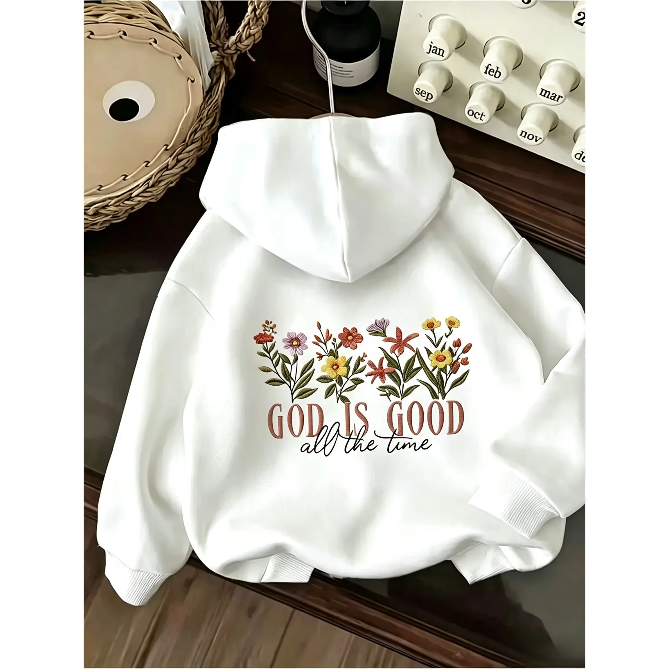 Women's Christian Graphic Hoodie, Cottagecore Fleece-Lined Pullover with God Is Good Floral Back Print, Smooth Everyday Top with Kangaroo Pocket, Tops, Cardigans, Fabric, Oversized