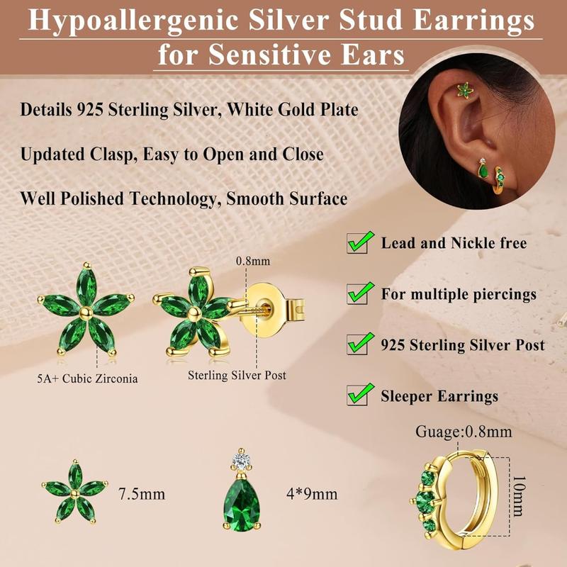 FIBO STEEL 3 Pairs Stainless Steel Stud Earrings Set for Women 14K Golden Plated Hoops Earrings Dainty Studs Huggies Earings Fashion Piercings Jewelry