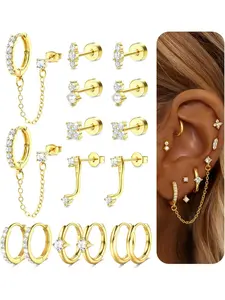 Hypoallergenic Earrings for Sensitive Ears Flatback Stud Hoop 14K Gold Plated Earrings Stacks - Surgical Stainless Steel Earring Set Chain Cartilage Earrings - Small Ear Piercing Flat Back Earring for Women Trendy