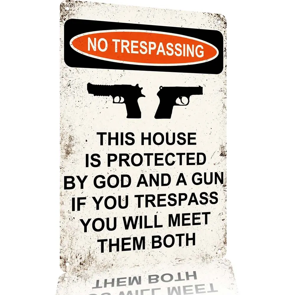 Distressed Rustic Private Property Aluminum Sign 12×8in, Gun Themed Home Security Warning Wall Plaque, Waterproof Gate Patio Barn Man Cave Household Protection Decor Gift