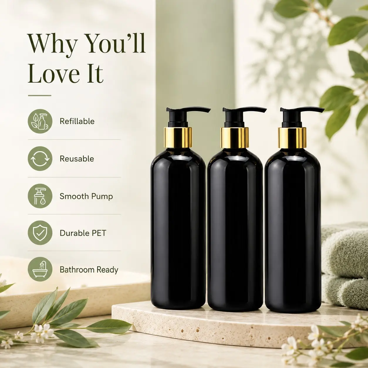 3 Pack 300ML Pet Refillable Pump Bottles, Collars, Ideal for Shampoo, Conditioner, Body Wash, Lotion, Hand Soap