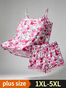 Summer Women's Plus Size Pajama Set 1xl-5xl, Breathable Polyester, Loose Fit, Sleeveless, All over Print, Comfortable Home Wear