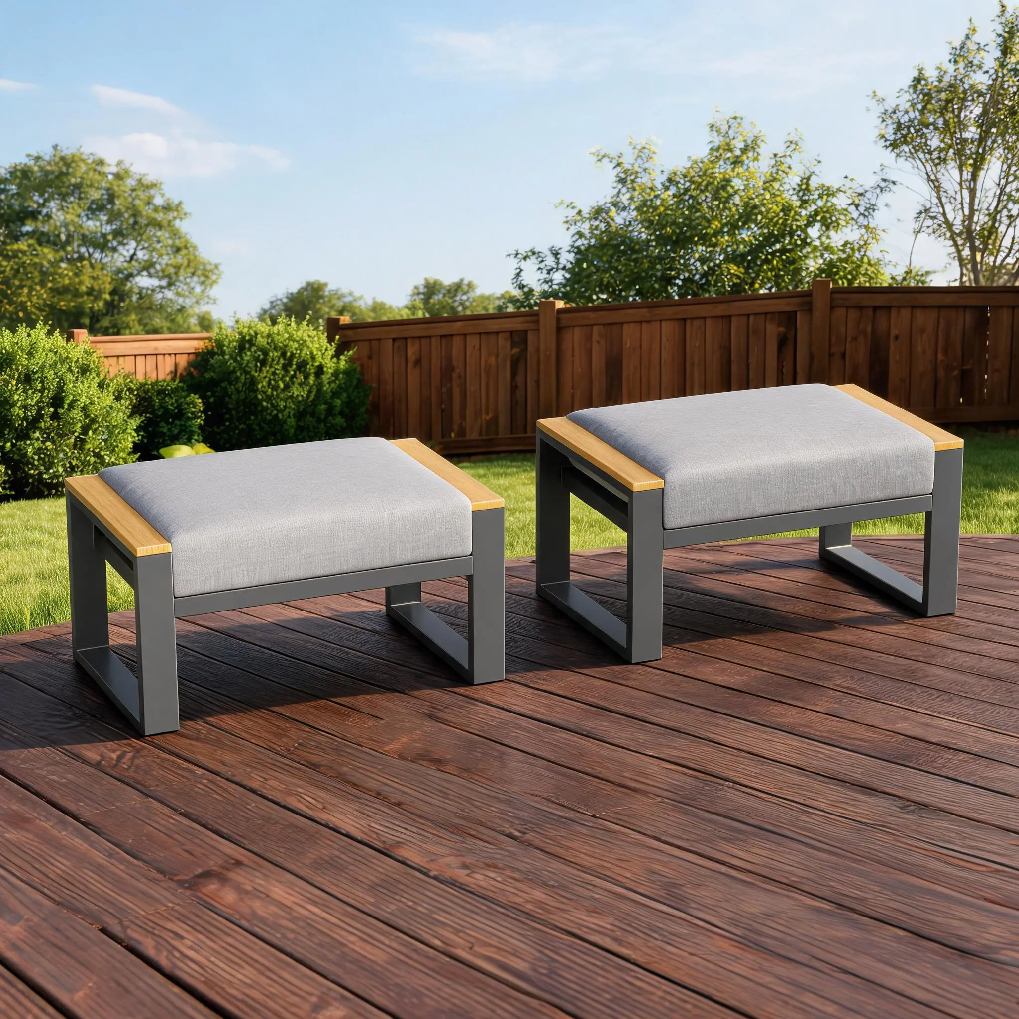 Aluminum Patio Ottoman Set of 2 - Outdoor Footstools with Cushions - Small Metal Garden Chairs - Ideal for Balcony, Deck, Backyard - Outdoor Furniture
