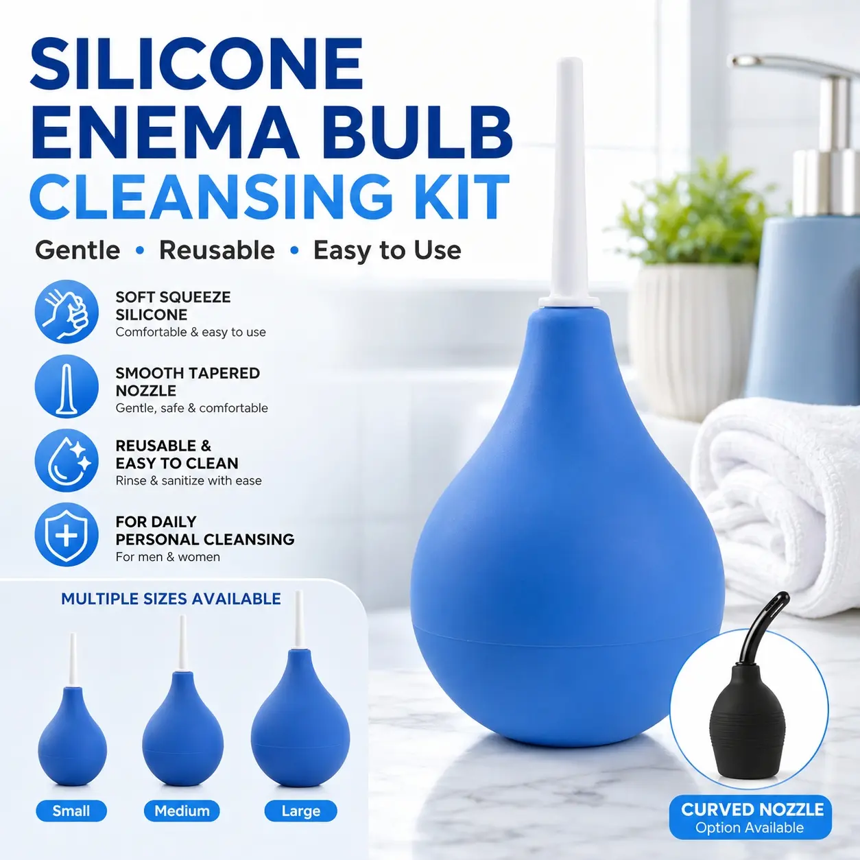 Silicone Enema Bulb Personal Cleansing Kit, Compact Soft Squeeze Irrigation Bottle with Smooth Tapered Nozzle, Reusable Douche Cleaner for Men and Women, Daily Intimate Hygiene, Home Bathroom, Travel and Post-Toilet Care