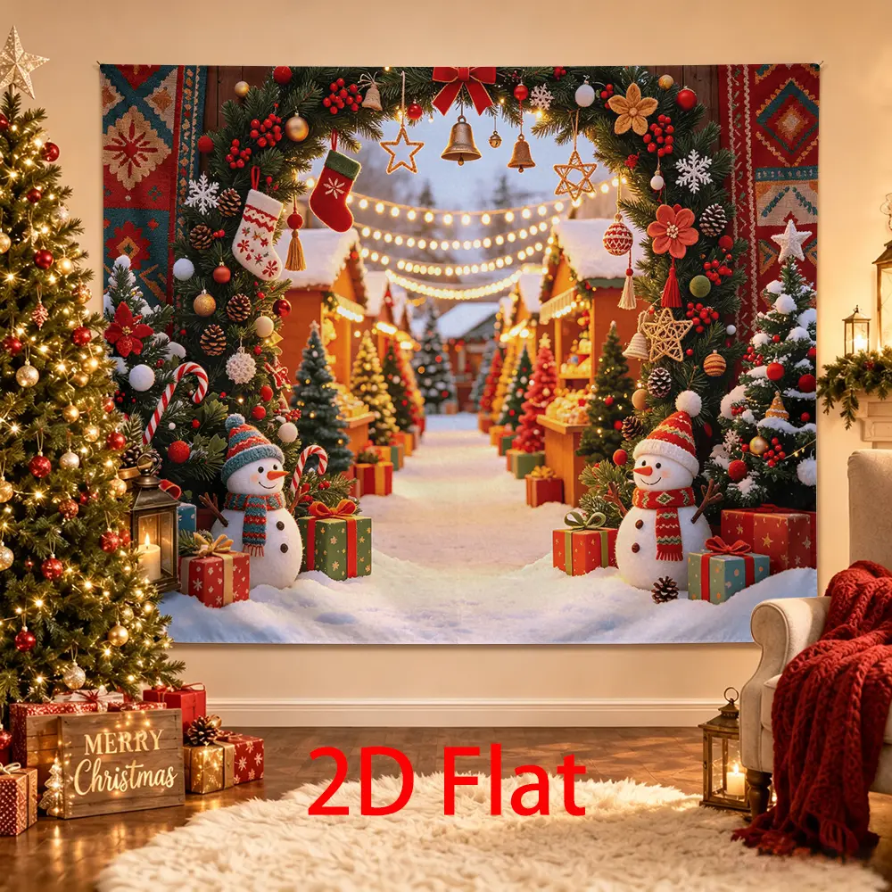 Rustic Christmas Village Backdrop with Snowmen, Evergreen Arch, Candy Canes, Gifts, Warm Lights and Cozy Holiday Market Photo Background